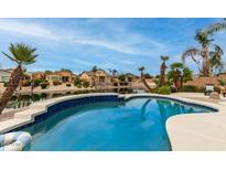 Beautiful pool overlooking the lake with palm trees and a blue sky backdrop at 896 E Indian Wells Pl, Chandler, AZ 85249
