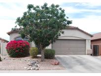 Charming single-story home features a neutral color scheme, low-maintenance landscaping, and an attached two-car garage at 3812 W Carlos Ln, San Tan Valley, AZ 85144
