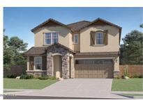Two-story home with a stone-accented entrance, neutral stucco, and a two-car garage against a backdrop of clear skies at 8251 E Petunia Ave, Mesa, AZ 85212