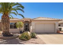 Charming single-story home featuring a well-manicured front yard with desert landscaping and a two-car garage at 17651 N Coconino Dr, Surprise, AZ 85374