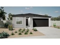 Charming single-story home featuring a gray stucco finish, a black garage door, and desert landscaping at 17969 W Sand Hills Rd, Surprise, AZ 85387