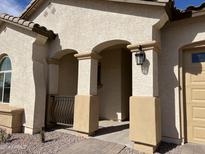 Charming front porch with an arched entrance and a view of the meticulously landscaped yard at 15801 W Cielo Grande Ave, Surprise, AZ 85387