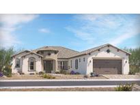 Charming single-story home showcasing a two-car garage, landscaped front yard, and Mediterranean-style architecture at 14687 N 73Rd Dr, Peoria, AZ 85381