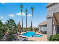 Inviting backyard pool with spa, lounge chairs, and tall palm trees for relaxing in the Arizona sun at 15753 W Kino Dr, Surprise, AZ 85374
