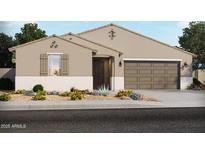Charming single-story home showcasing desert landscaping, a two-car garage, and a neutral-toned facade at 37172 W Parador Ln, Maricopa, AZ 85138