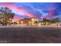 Beautiful home exterior featuring a spacious driveway, lush landscaping, and a captivating sunset backdrop at 12015 S Tuzigoot Dr, Phoenix, AZ 85044