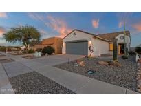 Charming home featuring desert landscaping, stylish garage door, and decorative exterior lighting at 10775 E Peralta Canyon Dr, Gold Canyon, AZ 85118