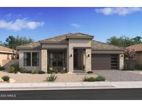 Beautiful single-story home with a stone-accented facade, desert landscaping, and a two-car garage at 42047 N Cutbow Trl, San Tan Valley, AZ 85140