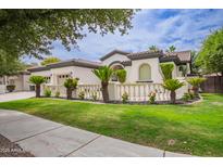 Charming single-story home features a well-manicured lawn, complemented by a decorative fence and lush landscaping at 4711 E Buckboard Ct, Gilbert, AZ 85297