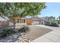 Tan home featuring low maintenance landscaping, a large tree, and a two car garage at 1026 E Julie Ave, San Tan Valley, AZ 85140