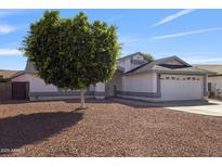 Charming single-story home featuring a well-manicured yard with decorative rock and a mature shade tree at 8620 W Denton Ln, Glendale, AZ 85305
