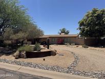 Charming single-story home featuring desert landscaping, mature trees, and a circular gravel driveway at 12212 N 66Th St, Scottsdale, AZ 85254