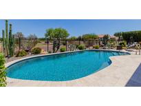 Sparkling pool surrounded by desert landscaping, cacti, and a black metal fence at 20655 N 273Rd Ave, Buckeye, AZ 85396