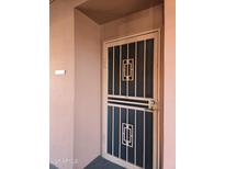 Exterior view of the front door with security screen and decorative design with address number at 4303 E Cactus Rd # 135, Phoenix, AZ 85032