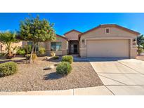 Charming single-story home with desert landscaping, complemented by mature trees and a spacious two-car garage at 43581 W Mccord Dr, Maricopa, AZ 85138