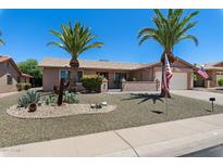 Charming single-story home with desert landscaping, palm trees, and an American flag at 1753 Leisure World --, Mesa, AZ 85206