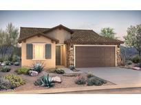 Charming single-story home showcasing a stylish facade with a stone accent, desert landscaping, and a two-car garage at 21298 N 270Th Dr, Buckeye, AZ 85396