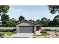 Charming single-story home with gray siding, stone accents, red front door, and two car garage at 32254 N Pony Express Rd, San Tan Valley, AZ 85143