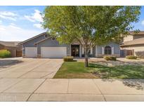 Charming single-story home with a well-manicured lawn, mature tree, three-car garage, and stone accents at 20464 E Bronco Dr, Queen Creek, AZ 85142