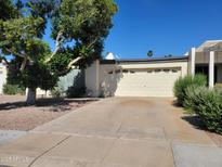 A beige house with a two-car garage and a large tree in the front yard at 211 Bahia E Ln, Litchfield Park, AZ 85340