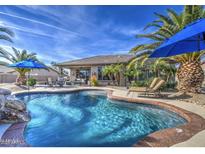 Inviting backyard pool surrounded by lush landscaping and lounge seating, perfect for outdoor relaxation at 1078 W Desert Aster Rd, San Tan Valley, AZ 85143
