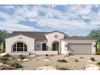Charming single-story home boasts a neutral palette, desert landscaping, and a welcoming arched entry, embodying Southwestern elegance at 6853 N 190Th Dr, Waddell, AZ 85355