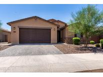 Charming single-story home featuring a brown garage door, desert landscaping, and a paved driveway at 36922 N Camarillo Dr, San Tan Valley, AZ 85140