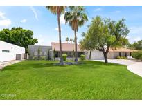 Beautiful single-story home with well-manicured lawn and mature palm trees in a sunny setting at 8007 E Del Tesoro Dr, Scottsdale, AZ 85258