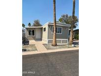 Charming single-story home with a well-maintained yard and mature palm trees, creating a welcoming curb appeal at 300 S Val Vista Dr # 17, Mesa, AZ 85204