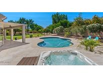 Scenic backyard with a sparkling pool, jacuzzi, covered patio, and lush landscaping at 6102 E Danbury Rd, Scottsdale, AZ 85254
