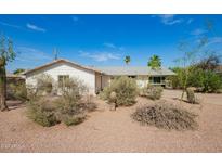 Single-story home with xeriscaped front yard and desert landscaping under a blue sky at 1845 N 64Th St, Scottsdale, AZ 85257