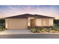 Charming single-story home featuring a two-car garage, neutral stucco, desert landscaping, and a brown shingle roof at 25340 N 172Nd Dr, Surprise, AZ 85387