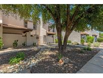 Beautiful townhome exterior featuring lush desert landscaping and mature shade trees at 4918 N 74Th St, Scottsdale, AZ 85251