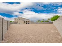 Expansive gravel backyard with block fencing and trees, offering privacy and a blank canvas for customization at 4061 N 308Th Ln, Buckeye, AZ 85396