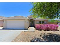 Charming single-story home featuring a two-car garage and colorful landscaping at 16447 W Cottonwood St, Surprise, AZ 85388