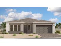 Charming single-story home with a gray stucco exterior, gray tiled roof, and a two-car garage at 11410 E Utah Ave, Mesa, AZ 85212