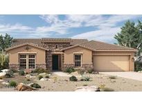 Single-story home with stucco exterior, stone accents, a tiled roof, desert landscaping, and an attached two-car garage at 20213 W San Juan Ave, Litchfield Park, AZ 85340