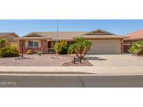 Charming single-story home with a well-manicured front yard and attached two-car garage at 7839 E Milagro Ave, Mesa, AZ 85209