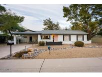 Charming single-story home featuring a landscaped front yard, white exterior, and welcoming pink front door at 5338 E Hearn Rd, Scottsdale, AZ 85254