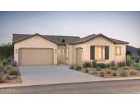 Inviting single-story home boasting a three-car garage, neutral stucco, and desert landscaping at 18158 E Colt Dr, Queen Creek, AZ 85142