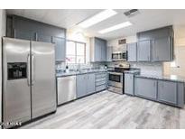 Charming kitchen featuring stainless steel appliances, gray cabinets, and a modern countertop at 4065 E University Dr # 436, Mesa, AZ 85205