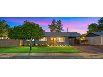 Charming single story home with fresh green lawn, landscape lighting and mature shade tree at 7543 E Portland St, Scottsdale, AZ 85257