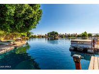 Scenic waterfront view featuring a private dock, serene lake, and lush trees with neighborhood homes in the background at 1379 E Butler Cir, Chandler, AZ 85225