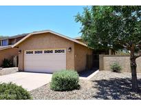 Tan home exterior featuring a two-car garage, rock landscaping, and mature shade trees at 12830 S Wakial S Loop, Phoenix, AZ 85044