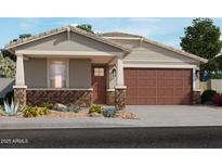 Charming single-story home featuring a covered porch, stone accents, and a two-car garage at 15912 W Gray Fox Trl, Surprise, AZ 85387