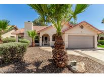 Charming single-story home with well-maintained landscaping, desert rock, mature palm trees, and a tile roof at 7139 W Mcrae Way, Glendale, AZ 85308
