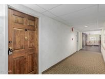 Hallway featuring patterned carpet and wooden door with brass accents at 10330 W Thunderbird Blvd # C109, Sun City, AZ 85351