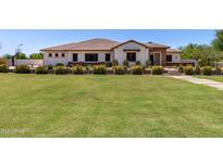 Expansive landscaped front yard with mature trees, a lush lawn, and a charming single-story home at 24840 S 195Th St, Queen Creek, AZ 85142