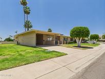 Charming single-story home boasting lush green lawn, mature landscaping, and a covered carport at 9915 W Mountain View Rd, Sun City, AZ 85351