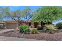 Charming single-story home with xeriscaping featuring desert plants and mature trees, enhancing curb appeal at 42122 N Anthem Springs Rd, Anthem, AZ 85086